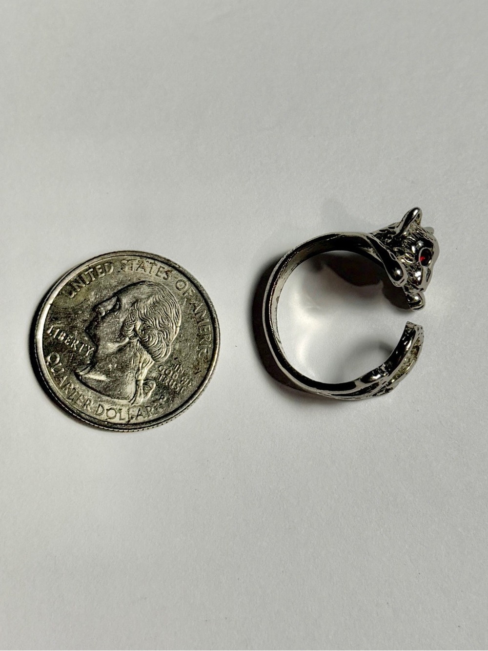 Silver Cat Wrap Ring Red Rhinestone Crystal Eyes Adjustable Animal Open Band - Picture 3 of 5